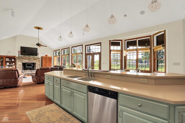 893 W 500 S, Anderson, IN 46013 - kitchen with dishwasher, green cabinets, a sink, lofted ceiling, and a ceiling fan