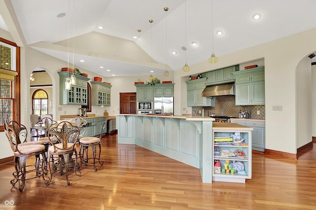 893 W 500 S, Anderson, IN 46013 - kitchen with arched walkways, green cabinetry, under cabinet range hood, lofted ceiling, and stainless steel appliances