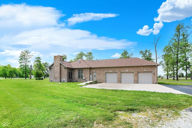 893 W 500 S, Anderson, IN 46013 - view of front facade with concrete driveway, a garage, brick siding, a front yard, and a chimney