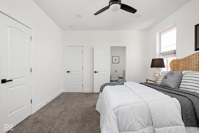 2024 Yandes St, Indianapolis, IN 46202 - bedroom with carpet, baseboards, ensuite bath, and ceiling fan