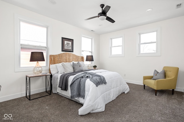 2024 Yandes St, Indianapolis, IN 46202 - bedroom with dark colored carpet, baseboards, recessed lighting, and a ceiling fan