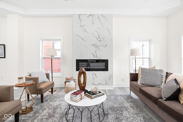 2024 Yandes St, Indianapolis, IN 46202 - living room featuring wood finished floors, crown molding, a fireplace, baseboards, and a raised ceiling