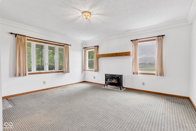 1437 S 725 W, Tipton, IN 46072 - unfurnished living room featuring a wood stove, carpet, ornamental molding, and baseboards