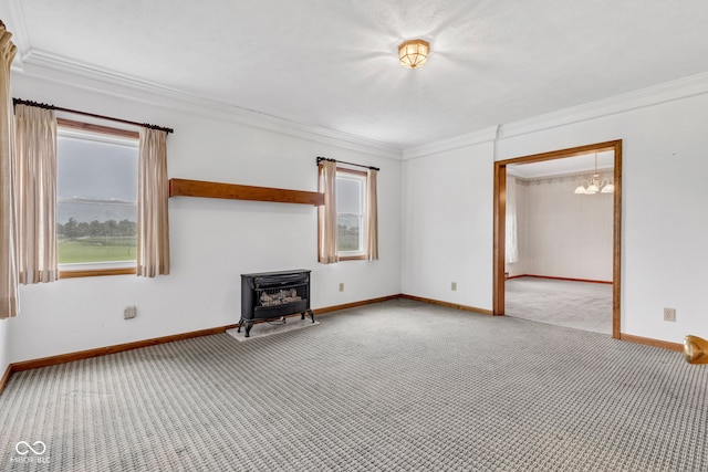 1437 S 725 W, Tipton, IN 46072 - unfurnished living room featuring a wood stove, carpet flooring, crown molding, and baseboards