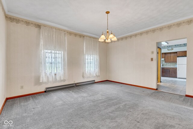 1437 S 725 W, Tipton, IN 46072 - carpeted empty room with a baseboard radiator, ornamental molding, a chandelier, and baseboards