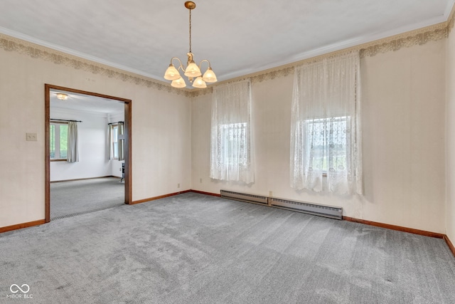 1437 S 725 W, Tipton, IN 46072 - carpeted empty room featuring baseboard heating, baseboards, a chandelier, and ornamental molding