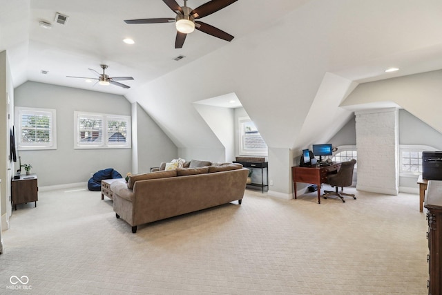 1616 N Delaware St, Indianapolis, IN 46202 - living area with ceiling fan, lofted ceiling, light carpet, baseboards, and recessed lighting