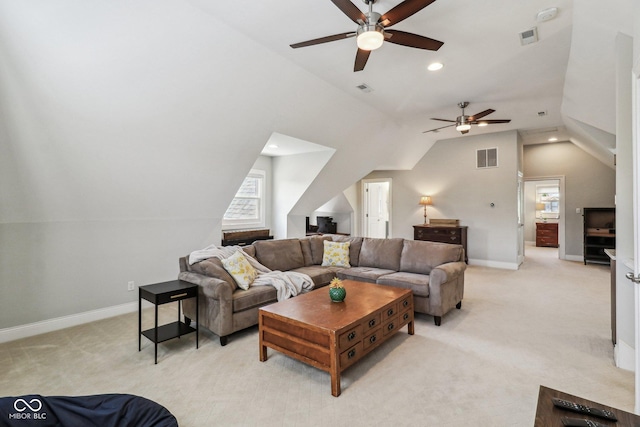 1616 N Delaware St, Indianapolis, IN 46202 - living room with ceiling fan, lofted ceiling, light colored carpet, baseboards, and recessed lighting