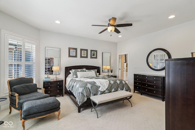 1616 N Delaware St, Indianapolis, IN 46202 - bedroom featuring light colored carpet, recessed lighting, and a ceiling fan