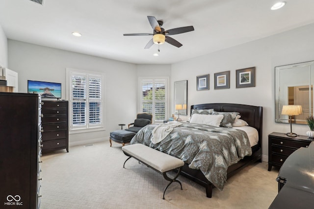 1616 N Delaware St, Indianapolis, IN 46202 - bedroom featuring light carpet, baseboards, recessed lighting, and a ceiling fan