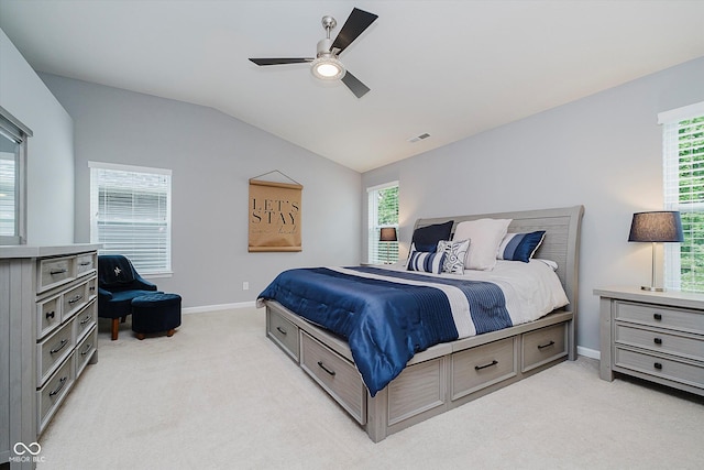 1274 Timber Bluff Rd, Westfield, IN 46074 - bedroom with light carpet, vaulted ceiling, baseboards, and a ceiling fan