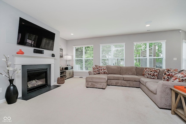 1274 Timber Bluff Rd, Westfield, IN 46074 - living room with carpet, a fireplace with flush hearth, recessed lighting, and baseboards