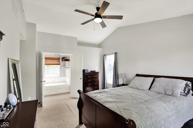5041 Millwright Ct, Indianapolis, IN 46254 - bedroom with light carpet, high vaulted ceiling, ceiling fan, and ensuite bathroom