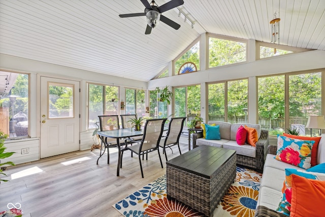 8330 Claridge Rd, Indianapolis, IN 46260 - sunroom featuring outdoor lounge area, outdoor dining area, lofted ceiling, a ceiling fan, and plenty of natural light