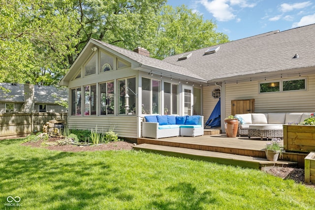 8330 Claridge Rd, Indianapolis, IN 46260 - rear view of property with an outdoor hangout area, a sunroom, a wooden deck, a chimney, and a shingled roof