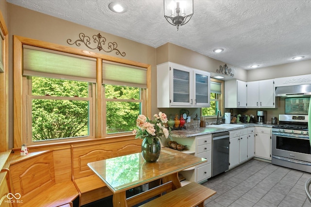 kitchen with stainless steel range with gas stovetop, dishwasher, under cabinet range hood, a sink, and a textured ceiling