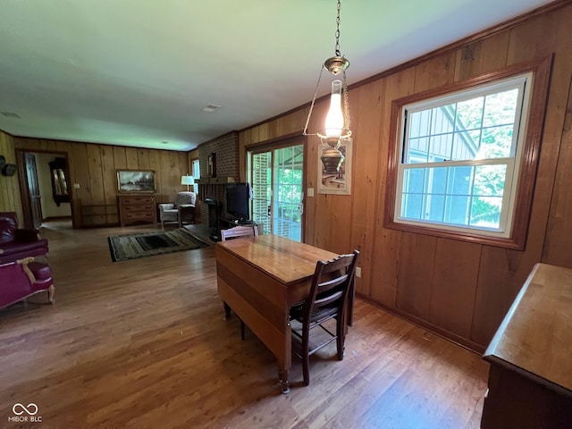 3654 W Mecca Rd, Rockville, IN 47872 - dining room with wood walls, plenty of natural light, and light wood-type flooring