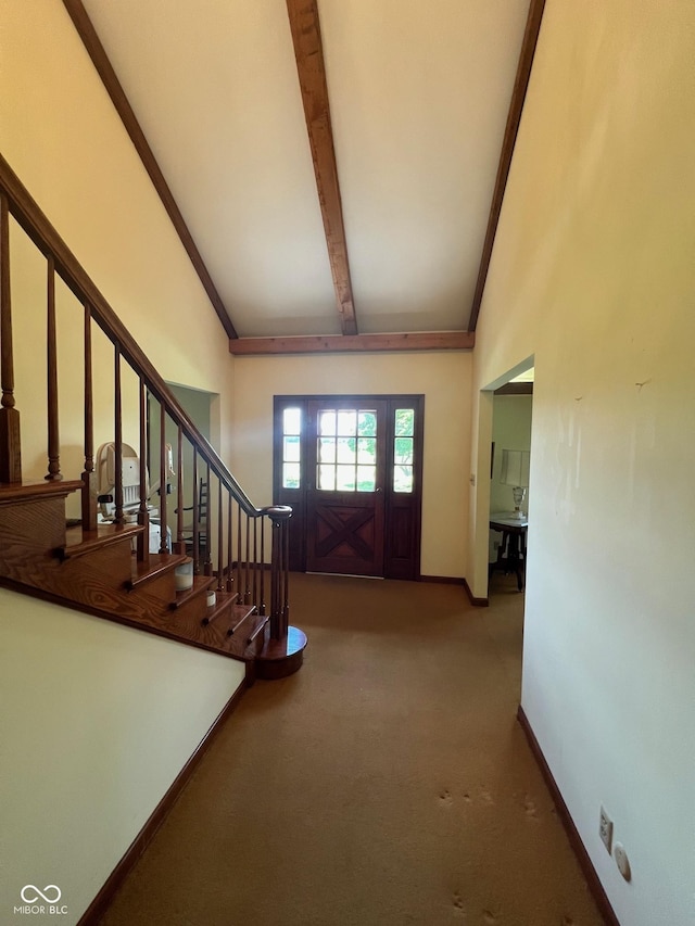 3654 W Mecca Rd, Rockville, IN 47872 - carpeted entrance foyer featuring stairway, high vaulted ceiling, baseboards, and beam ceiling
