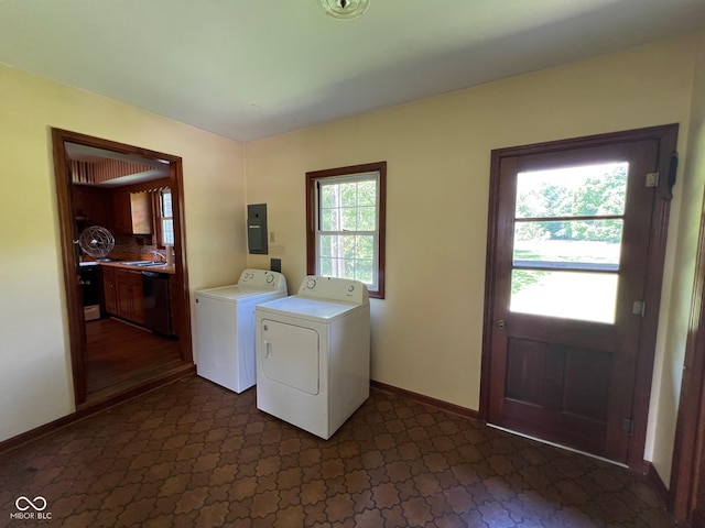 3654 W Mecca Rd, Rockville, IN 47872 - clothes washing area featuring washer and clothes dryer, electric panel, and baseboards