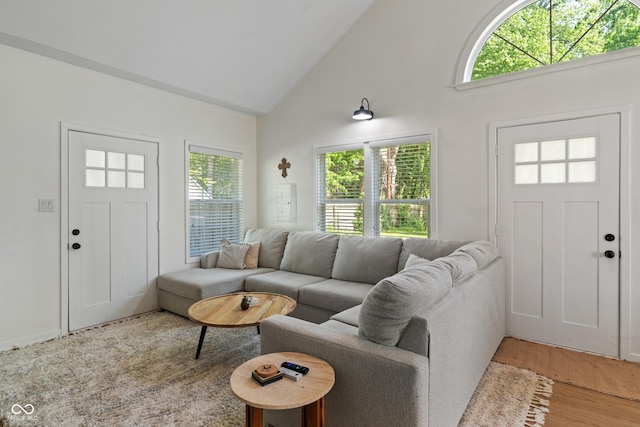 1802 E 66th St, Indianapolis, IN 46220 - living room with high vaulted ceiling, plenty of natural light, and wood finished floors