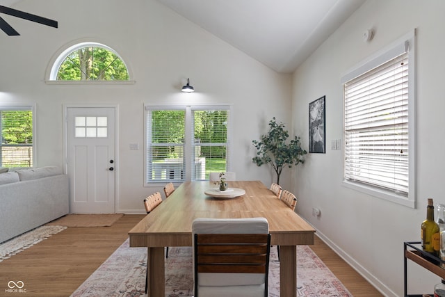 1802 E 66th St, Indianapolis, IN 46220 - dining room featuring a ceiling fan, wood finished floors, high vaulted ceiling, and baseboards