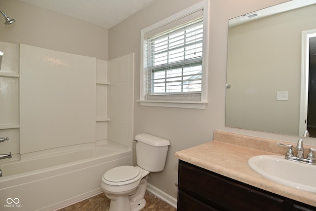 8354 Fieldfare Way, Indianapolis, IN 46237 - bathroom featuring vanity, toilet, tub / shower combination, baseboards, and tile patterned flooring