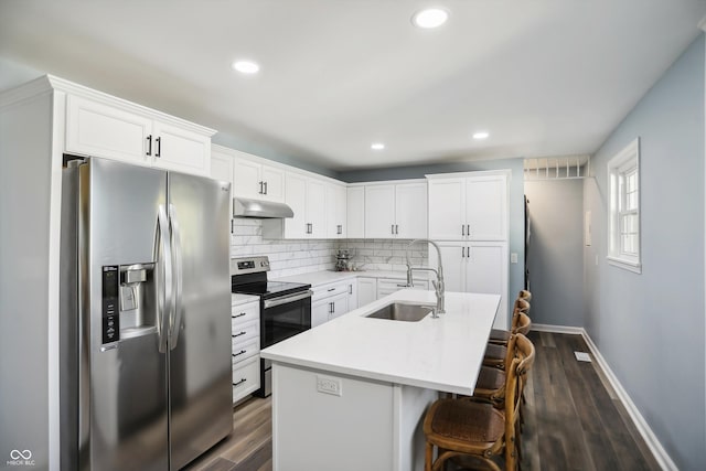 kitchen featuring appliances with stainless steel finishes, under cabinet range hood, a sink, baseboards, and decorative backsplash