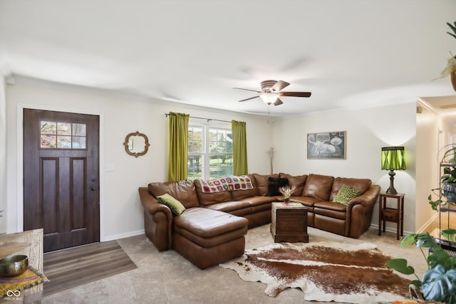 living area with carpet, ceiling fan, ornamental molding, and baseboards