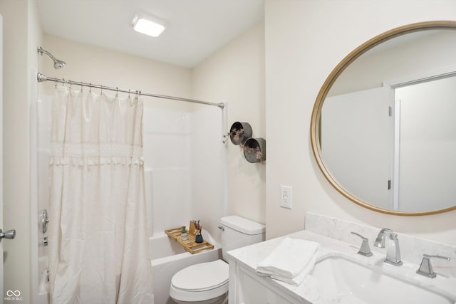 full bath featuring shower / tub combo, toilet, and vanity