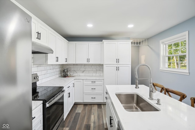 kitchen with stainless steel appliances, a sink, under cabinet range hood, dark wood-type flooring, and light countertops