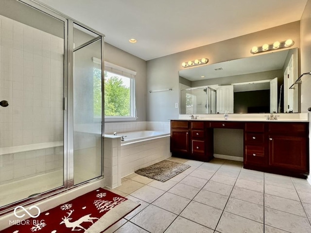 full bathroom featuring a shower stall, a garden tub, tile patterned flooring, double vanity, and recessed lighting