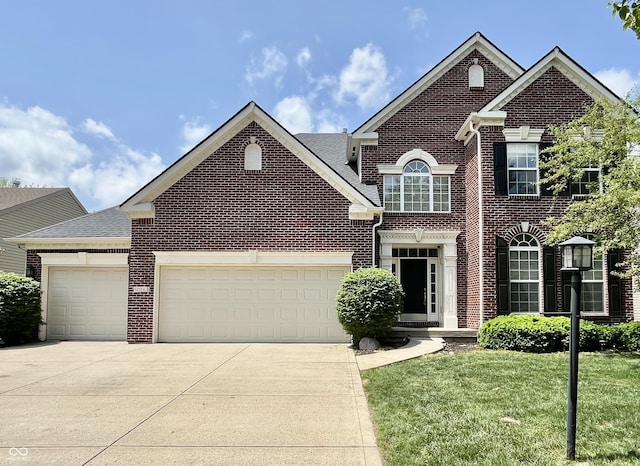 view of front facade featuring brick siding, an attached garage, concrete driveway, a front lawn, and a shingled roof