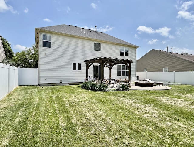 back of property featuring an outdoor fire pit, a pergola, and a patio