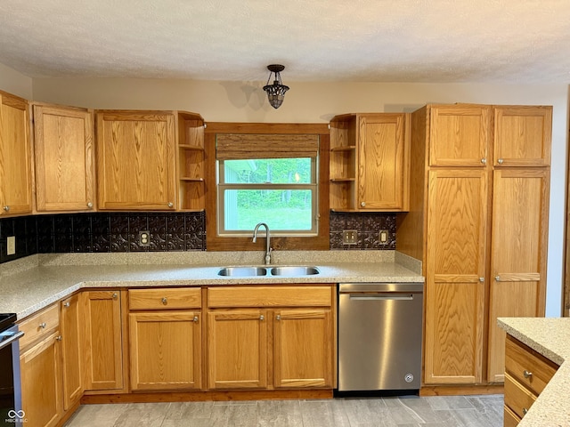 1340 Apache Trl, Martinsville, IN 46151 - kitchen featuring stainless steel dishwasher, a sink, open shelves, light countertops, and tasteful backsplash