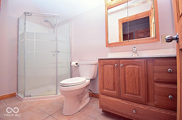 1340 Apache Trl, Martinsville, IN 46151 - bathroom featuring tile patterned flooring, toilet, a stall shower, vanity, and baseboards