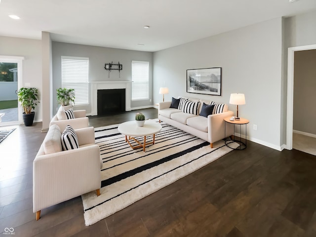 18230 Sandy Cove Ln, Westfield, IN 46074 - living area with dark wood-style flooring, a fireplace with flush hearth, recessed lighting, and baseboards