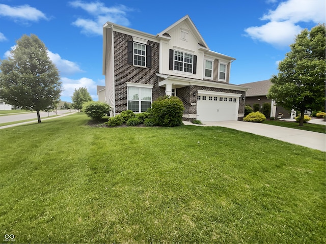 18230 Sandy Cove Ln, Westfield, IN 46074 - traditional-style house with brick siding, driveway, an attached garage, a front yard, and board and batten siding