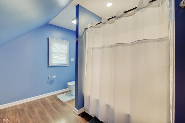 1009 Broadway St, Indianapolis, IN 46202 - bathroom with lofted ceiling, toilet, wood finished floors, and baseboards