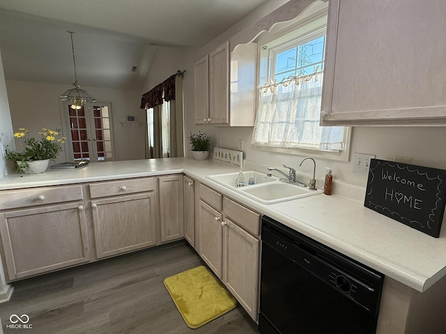 11523 Coastal Way, Indianapolis, IN 46229 - kitchen featuring black dishwasher, a sink, vaulted ceiling, french doors, and light countertops