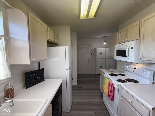 11523 Coastal Way, Indianapolis, IN 46229 - kitchen featuring white appliances, dark wood-style flooring, light countertops, and a sink