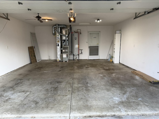 11523 Coastal Way, Indianapolis, IN 46229 - garage featuring electric water heater, heating unit, a ceiling fan, and a garage door opener