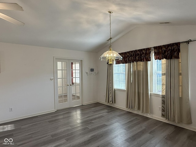 11523 Coastal Way, Indianapolis, IN 46229 - empty room featuring dark wood finished floors, a chandelier, vaulted ceiling, french doors, and ceiling fan