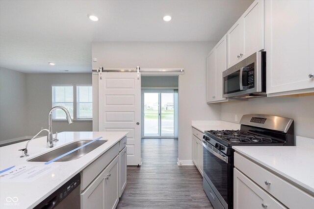 9604 Beckett St, Avon, IN 46123 - kitchen with stainless steel appliances, a sink, light countertops, dark wood-style flooring, and recessed lighting