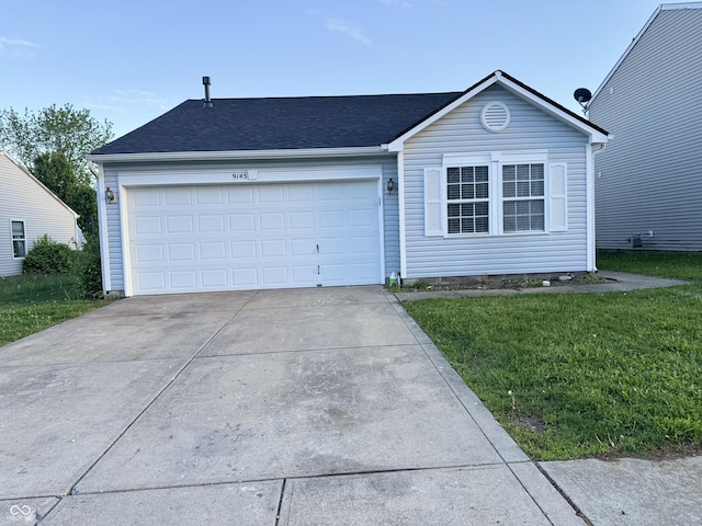 9145 Blue Pine Dr, Indianapolis, IN 46231 - ranch-style house with concrete driveway, an attached garage, a front yard, and a shingled roof
