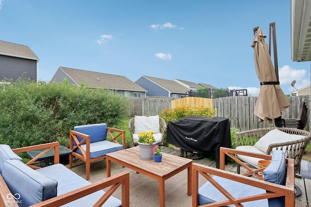 2911 W Hawanian Ln, Monrovia, IN 46157 - fenced backyard with outdoor lounge area, a grill, a residential view, and a patio area