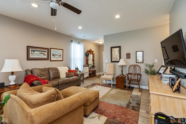 9166 Lieven St, Avon, IN 46123 - living room featuring a ceiling fan, recessed lighting, light wood-style floors, and baseboards