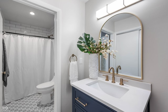 2120 Wynnedale Rd, Indianapolis, IN 46228 - full bathroom featuring vanity, a shower with curtain, tile patterned floors, and recessed lighting