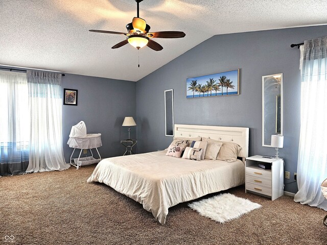 10836 Zimmerman Ln, Indianapolis, IN 46231 - carpeted bedroom with vaulted ceiling, a textured ceiling, a ceiling fan, and baseboards