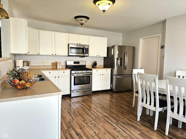10836 Zimmerman Ln, Indianapolis, IN 46231 - kitchen featuring stainless steel appliances, dark wood-style flooring, a textured ceiling, and white cabinetry