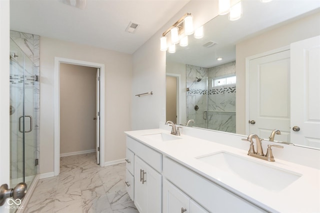 3980 Railhead Ave, Westfield, IN 46074 - full bathroom with marble look tile flooring, double vanity, a stall shower, and baseboards